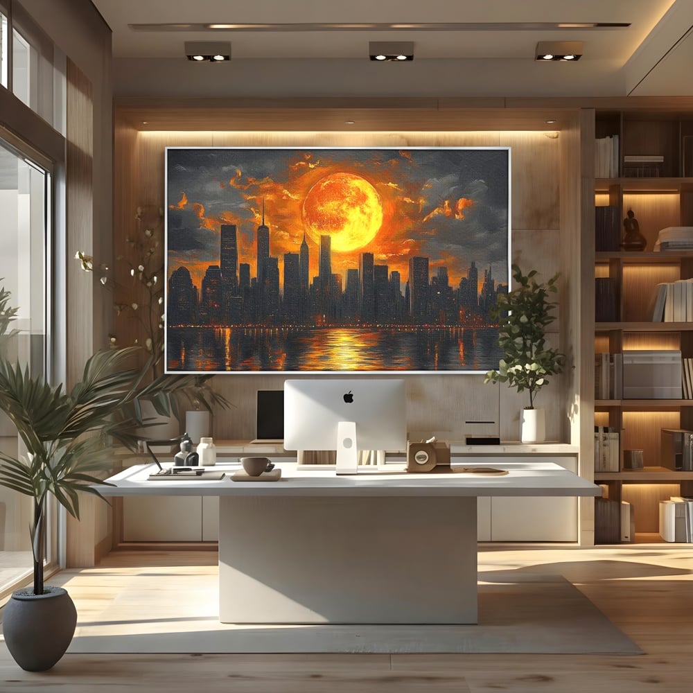 Tablou canvas cu tablou canvas cu apus de soare deasupra metropolei, in rama de aluminiu argintiu, pe perete intr-un birou
